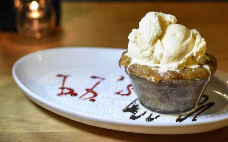 ice cream pie entree plated with bbs name in glaze at bbs restaurant bar jacksonville