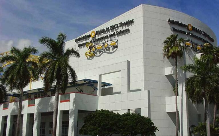 imax theater exterior building with palm trees at museum of discovery and science ft lauderdale