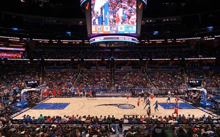 nba basketball game view of court with scoreboard and crowd at amway center orlando