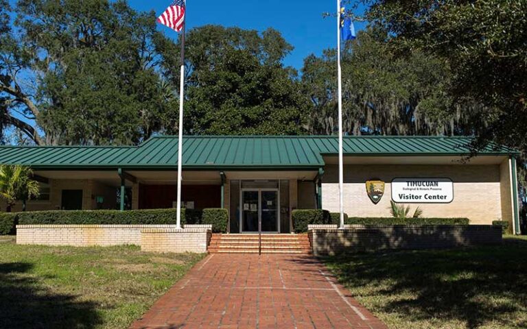 outdoor front exterior of visitor center with green roof at timucuan preserve jacksonville