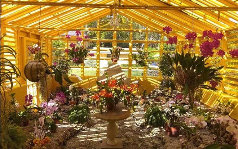 shady interior of yellow greenhouse with plants at bonnet house museum gardens ft lauderdale