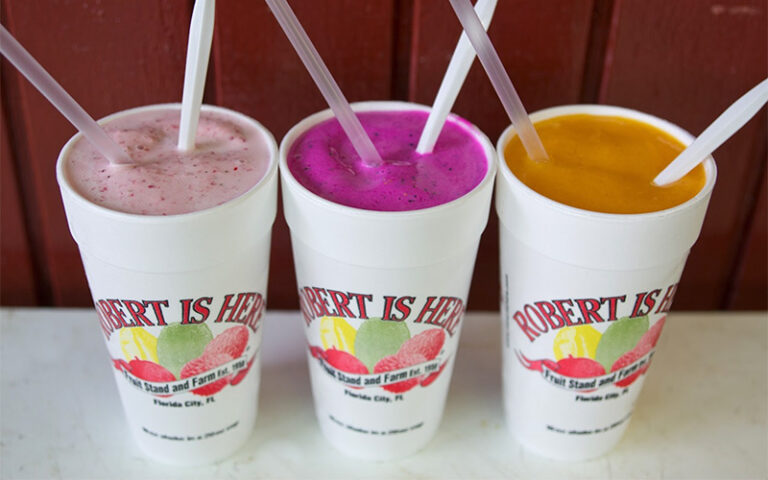 three smoothies in styrofoam branded cups with different colors straws and spoons at robert is here fruit stand homestead