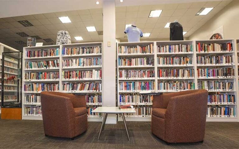 two brown armchairs with small table and bookshelves behind at stonewall national museum archives ft lauderdale