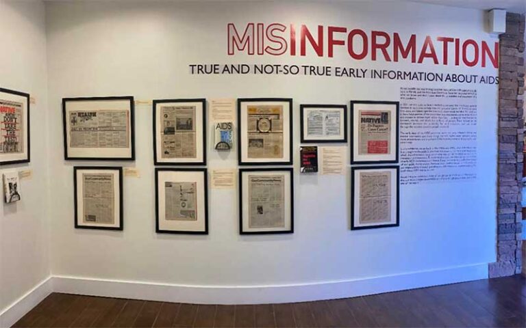 wall display of framed exhibit with word misinformation at stonewall national museum archives ft lauderdale
