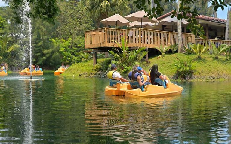 yellow paddle boats on pond with fountain and raised building at pintos farm miami