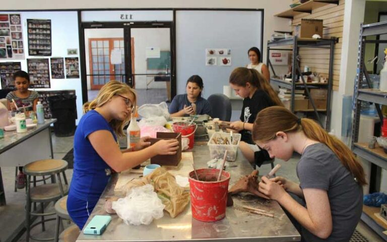 young girls gathered around art project tables in art class at nsu art museum ft lauderdale