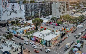 aerial of blocks with street art murals at wynwood walls miami