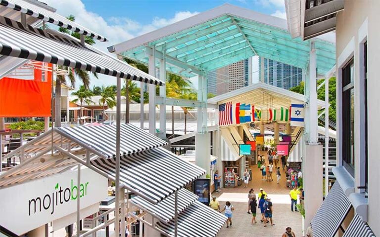 aerial view of rows of stores with atria and awnings at bayside marketplace miami