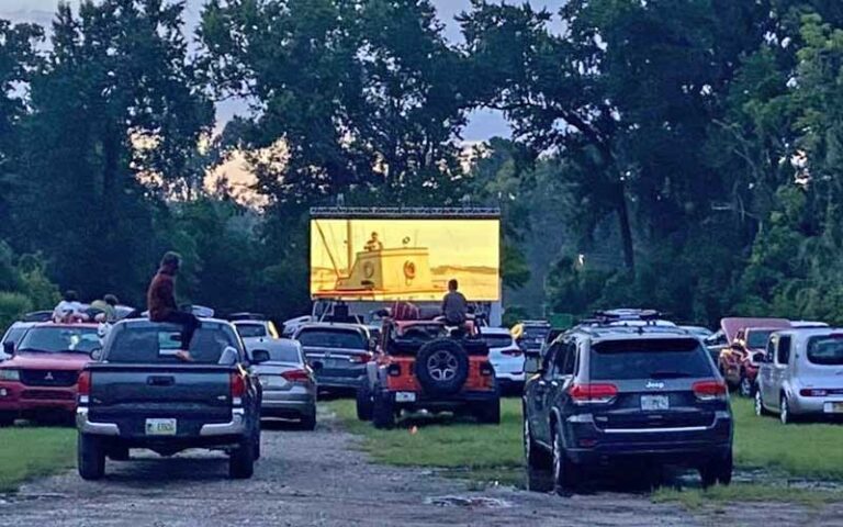 cars parked in lot with movie playing on screen at sun ray cinema drive in jacksonville