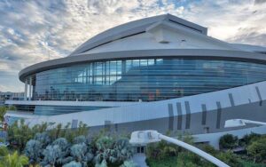 daytime exterior of stadium with closed roof and windows at loandepot park miami