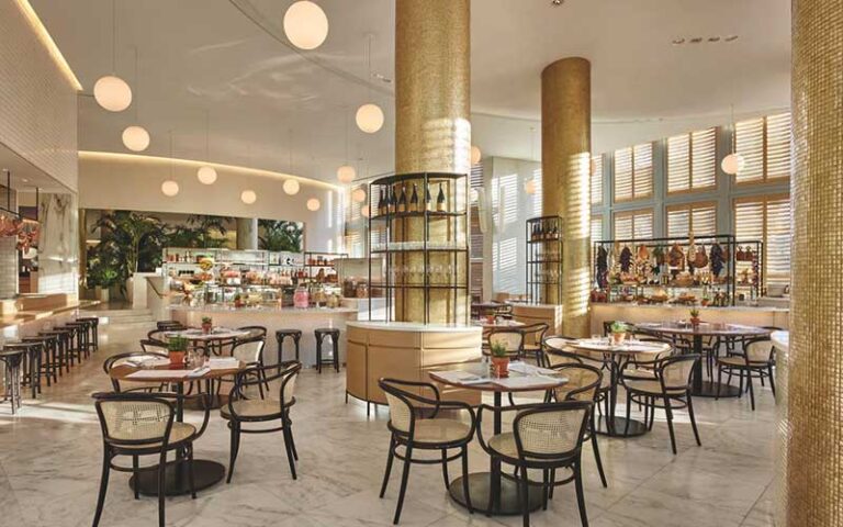 dining area with columns in breakfast buffet at the miami beach edition