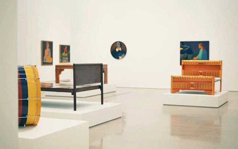 exhibit space with white walls and found art pieces at perez art museum miami