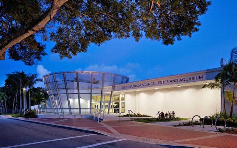 exterior of building with funnel shaped atrium at night with trees overhead at cox science center and aquarium west palm beach