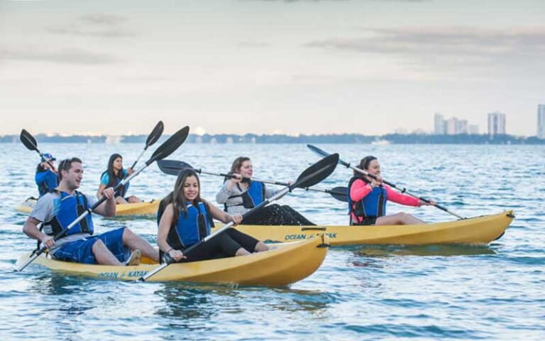 group of young kayakers on biscayne bay at matheson hammock park marina miami