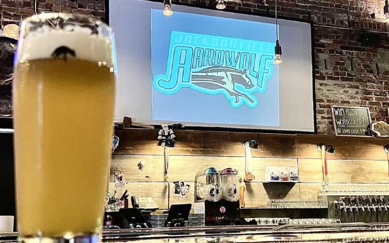 light colored beer in pint glass on bar with screen with logo at aardwolf brewing company jacksonville
