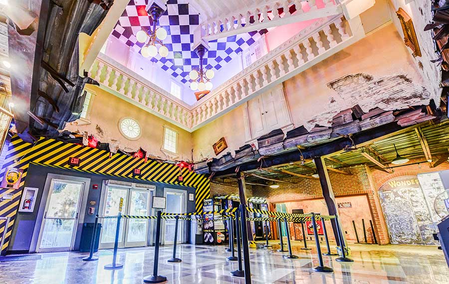lobby with upside down interior and colors at wonderworks orlando