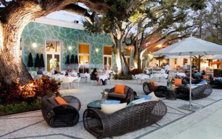 outdoor dining restaurant area with trees and patio seating at miami design district