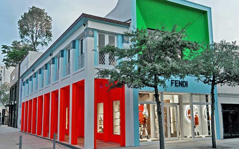 red and green lighting exterior of fendi store at miami design district