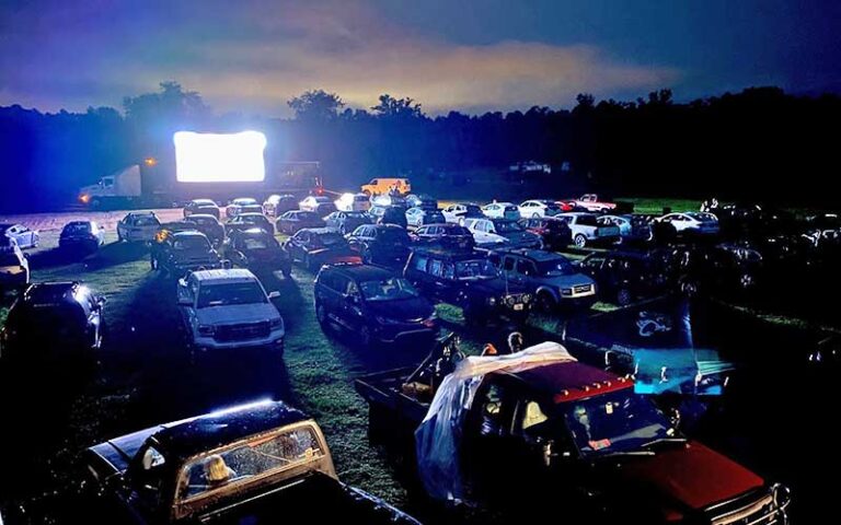 rows of cars and trucks watching large movie screen at night at sun ray cinema drive in jacksonville