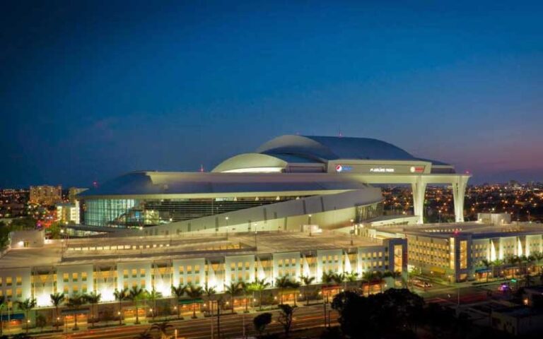 stadium aerial from far at night at loandepot park miami