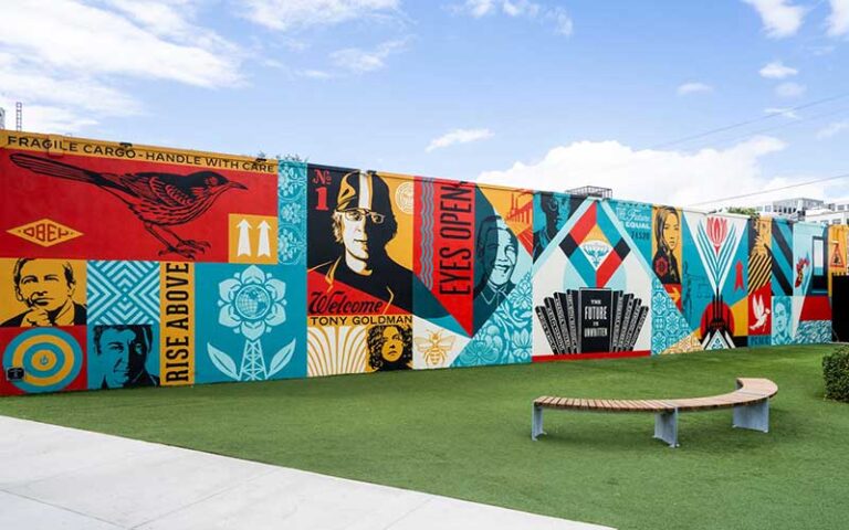 street murals with viewing area bench and turf at wynwood walls miami