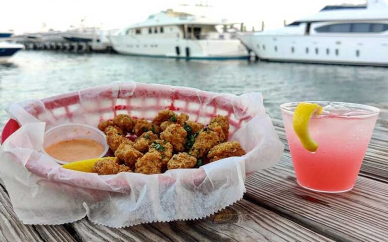 tray of fried gator bites with pink cocktail and marina yachts in background at montys coconut grove miami