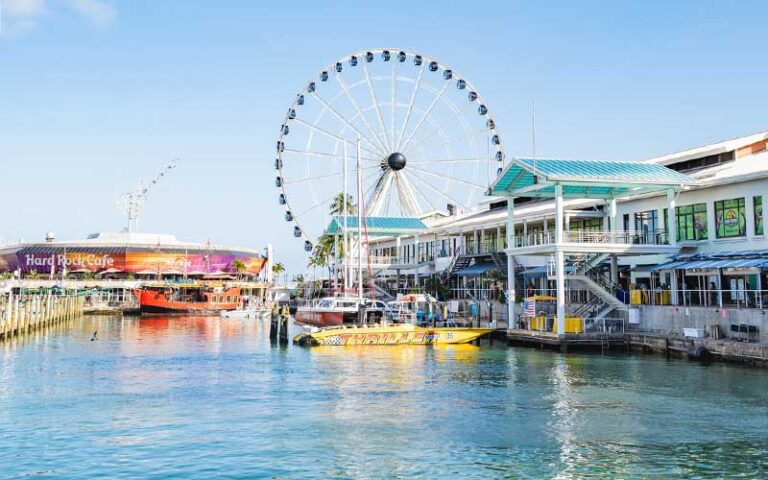 view across marina with mall boats and ferris wheel at bayside marketplace miami