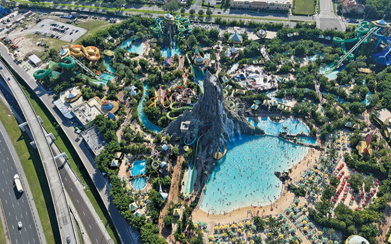 aerial view above volcano water slide at universal volcano bay at apex air helicopter tours kissimmee