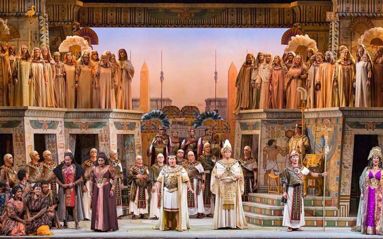 aida set with cast on stage at sarasota opera house