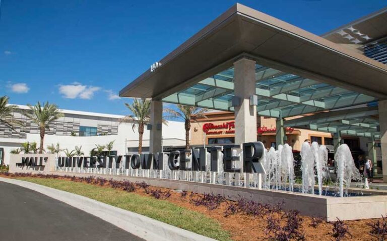 front exterior entrance with fountains and lettering at mall at university town center sarasota