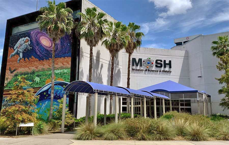 front exterior of museum with palms and space mural at museum of science and history jacksonville