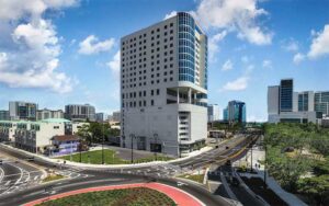 front exterior of high rise across roundabout at embassy suites by hilton sarasota