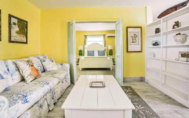 living room with bedroom view at siesta key palms resort sarasota
