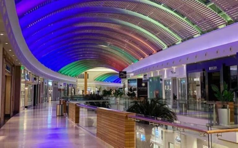 mall interior with shops and rainbow lighting on ceiling at mall at university town center sarasota