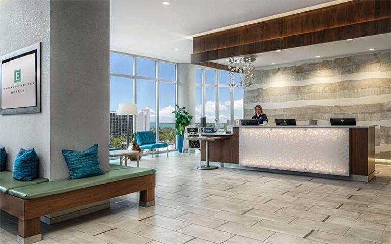 modern lobby with view at embassy suites by hilton sarasota
