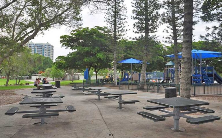 park area with playground tables and seating at bayfront park sarasota