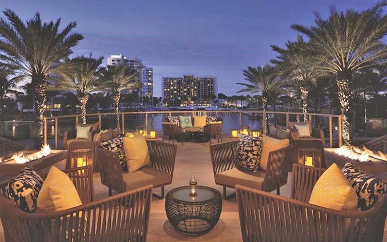 rooftop seating patio at night at ritz carlton sarasota