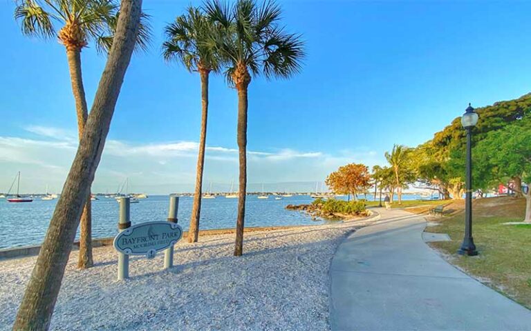 sidewalk along water with sand lamp post and trees at bayfront park sarasota