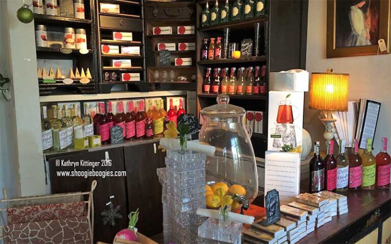 store interior with shelves of tea products at garden room cafe at shoogie boogies sarasota
