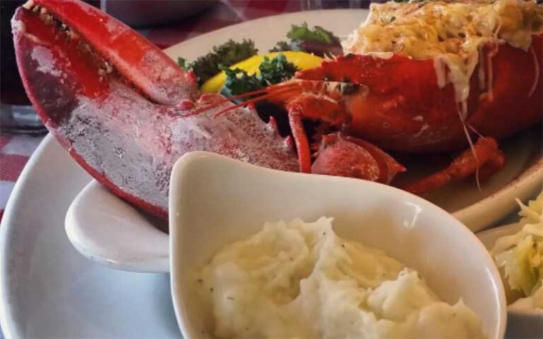 whole lobster on plate with sides at lobster pot sarasota