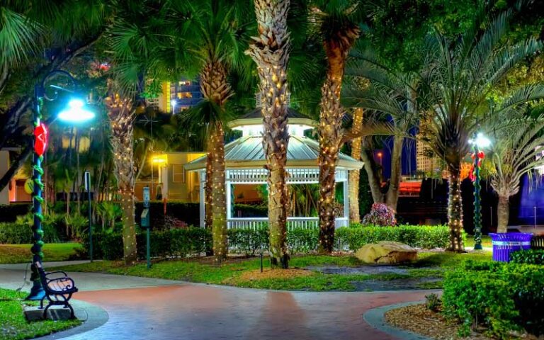 gazebo with lights at night at riverwalk fort lauderdale