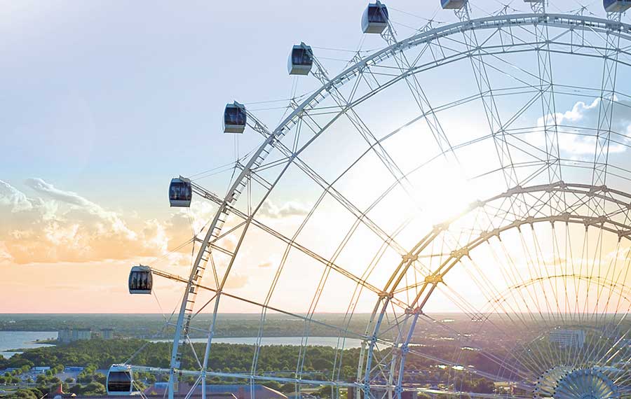 the wheel at icon park top quarter with sunset sky orlando