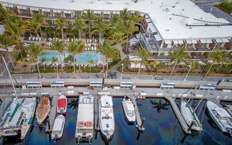 aerial above view of property pool and dock at the perry hotel marina key west