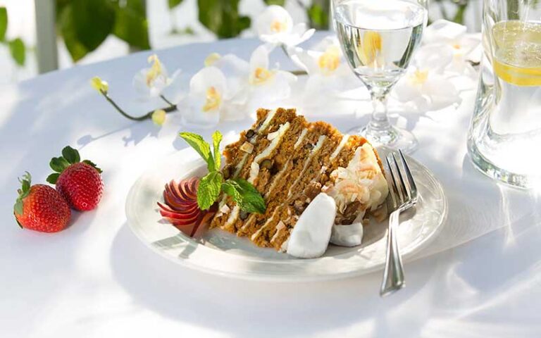 carrot cake on outdoor event table at chef michaels islamorada fl keys