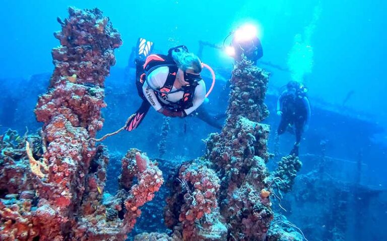 diver swimming through coral at uss spiegel grove wreck key largo