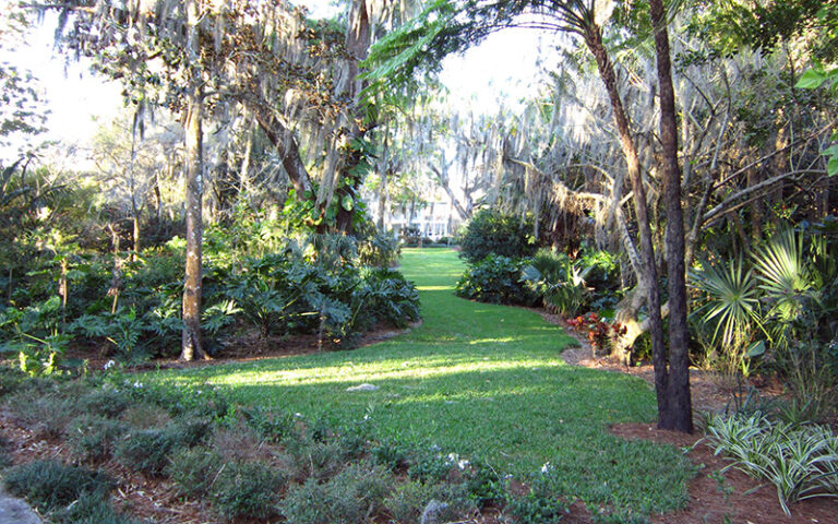 garden with landscaped lawn tropical trees and white colonial house in distance at harry p leu gardens orlando