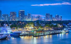 night view with lights of skyline marina restaurant at 15th street fisheries ft lauderdale