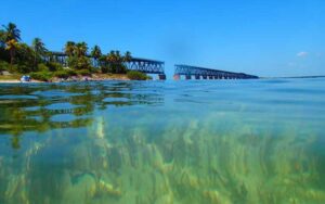 railroad bridge with clear green water below at bahia honda state park florida keys