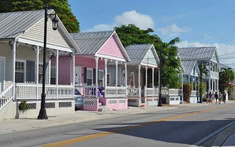 row of historic homes with pink at duval street key west