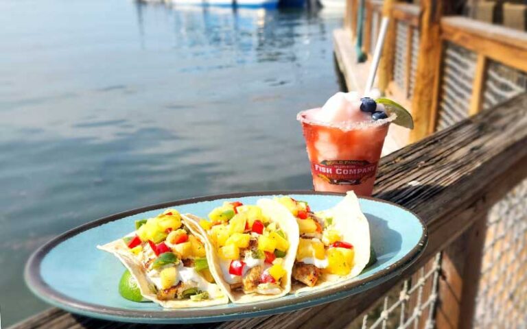 tropical fish tacos and frosty cocktail on marina dock at islamorada fish company fl keys